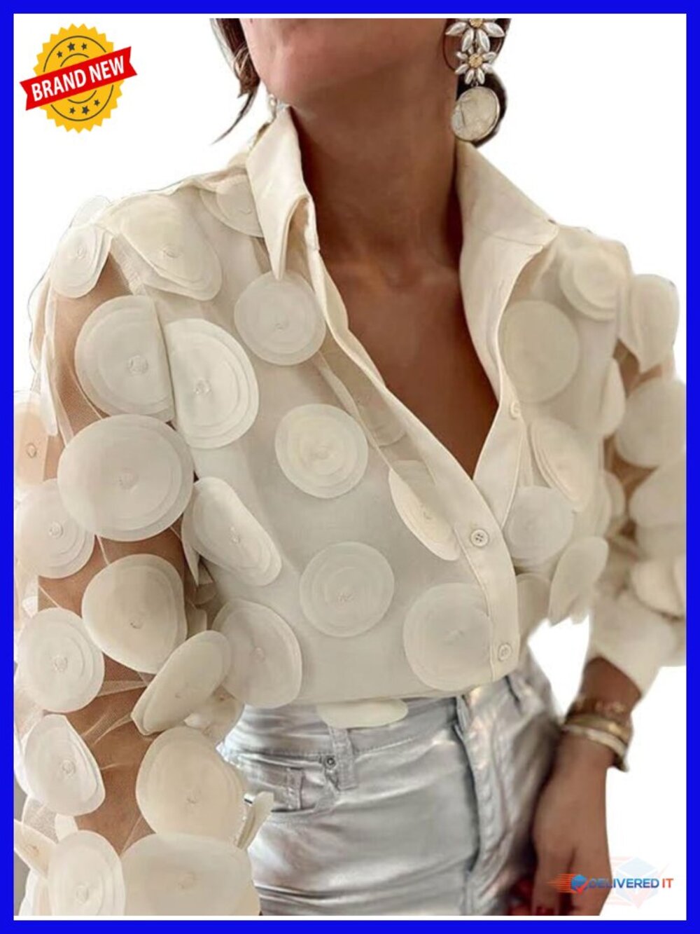 Long Sleeve Blouse Button Down Sheer Mesh Lace Top Dressy Casual Party Shirt